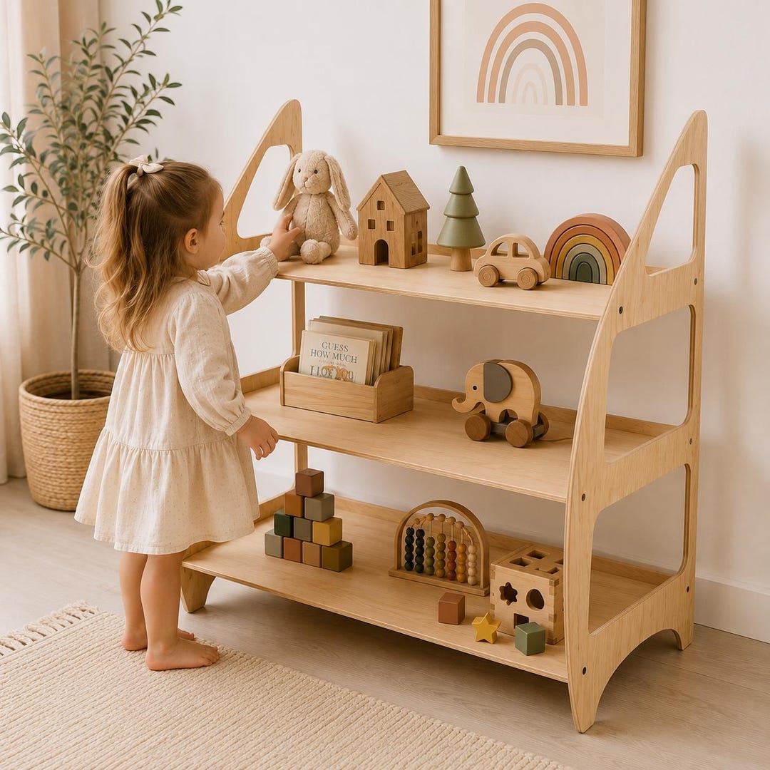 Montessori Holzspielzeug Regal, Kinder Aufbewahrungsorganisator, Spielzimmer Bücherregal, Kleinkind Möbel, Kinderzimmer Dekor, Montessori Bücherregal