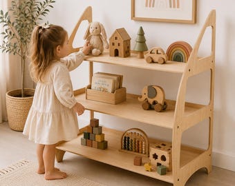 Montessori Wooden Toy Shelf, Kids Storage Organizer, Playroom Bookshelf, Toddler Furniture, Nursery Decor, Montessori Bookshelf