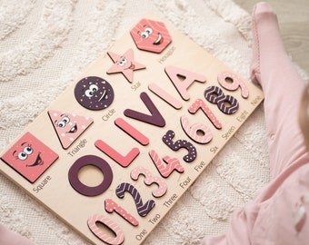 Custom Name Puzzle with Shapes & Numbers, Educational Puzzle, Montessori Toy For Toddlers, Personalized Birthday Gift For Kid. Wood puzzle