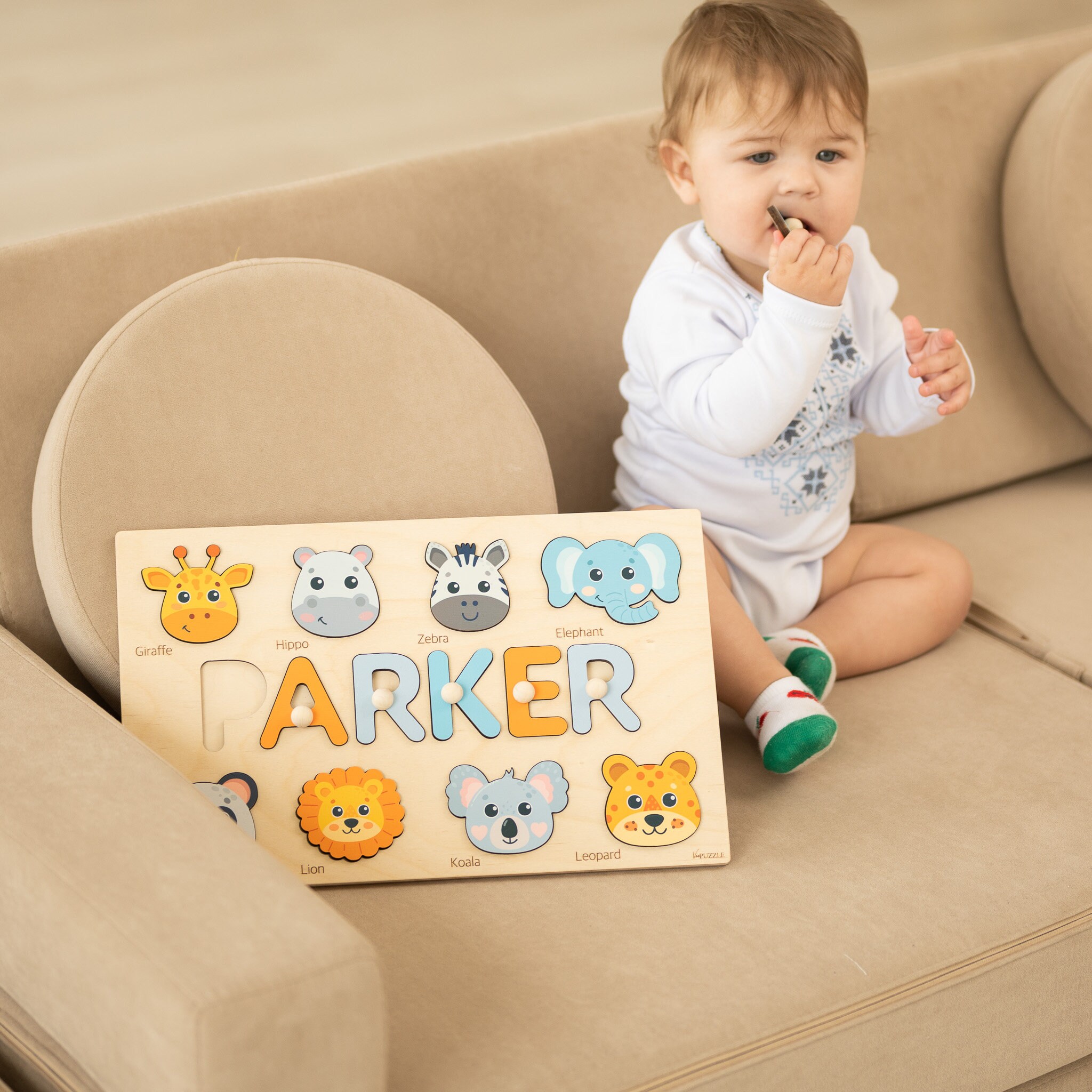 Safari Animals Name Puzzle, Montessori Puzzle Board for Baby ...