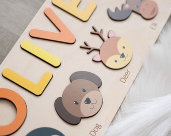 Rompecabezas de madera con nombre y perro, rompecabezas personalizados con animales, tablero de rompecabezas Montessori para un año, regalo para el primer cumpleaños de un bebé, niño y niña de 2 años