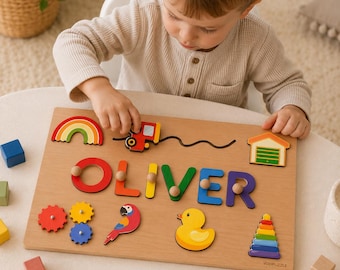 Personalized Wooden Name Puzzle, Montessori Learning Toy, Toddler Activity Board, Baby Gift