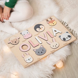 Casse-tête Montessori personnalisé, cadeau pour bébé de 1 an, nom de casse-tête avec animaux, cadeaux de 1er anniversaire, jouets en bois, bébé, enfants, tout-petits image 3