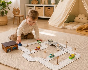 Toy Cars Road Track for Boys, Wooden Road with Garage Bridge and Signs Small Cars, Birthday Gift for Boys, Wooden Pretend Play Toys for Kids