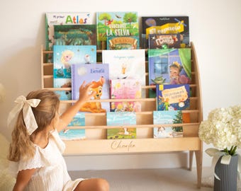 Bibliothèque Montessori pour enfants, grande étagère en bois pour enfants, rangement pour livres pour tout-petits, meubles Montessori en bois, porte-livres personnalisé pour bébé