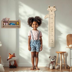 May include: A wooden fox-shaped growth chart with a child standing next to it. The chart has markings in inches from 70 to 140. The child is wearing a pink shirt and blue jeans.