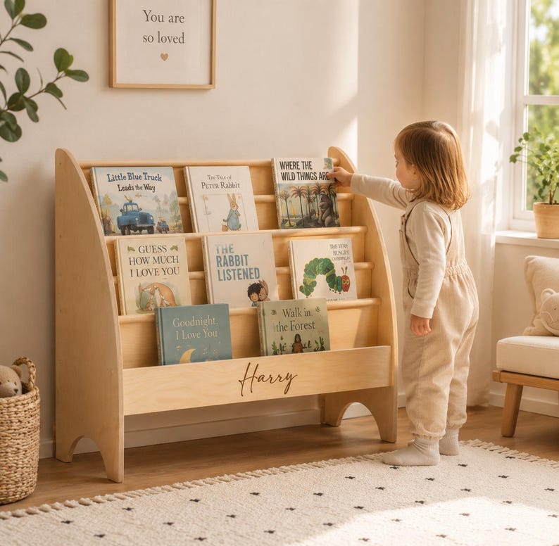 K&ouml;nnte beinhalten: Ein helles Holzregal mit vier horizontalen Ablagen f&uuml;r Kinderb&uuml;cher. Auf der Vorderseite ist der Name Harry in Schreibschrift eingraviert. Das M&ouml;belst&uuml;ck hat geschwungene Seitenteile und steht auf vier kurzen Standf&uuml;&szlig;en.