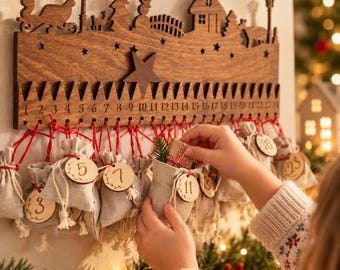 Wooden Advent Calendar with 24 Linen Bags, Reusable Christmas Countdown Wall Hanging, Winter Village Family Advent Calendar for Kids