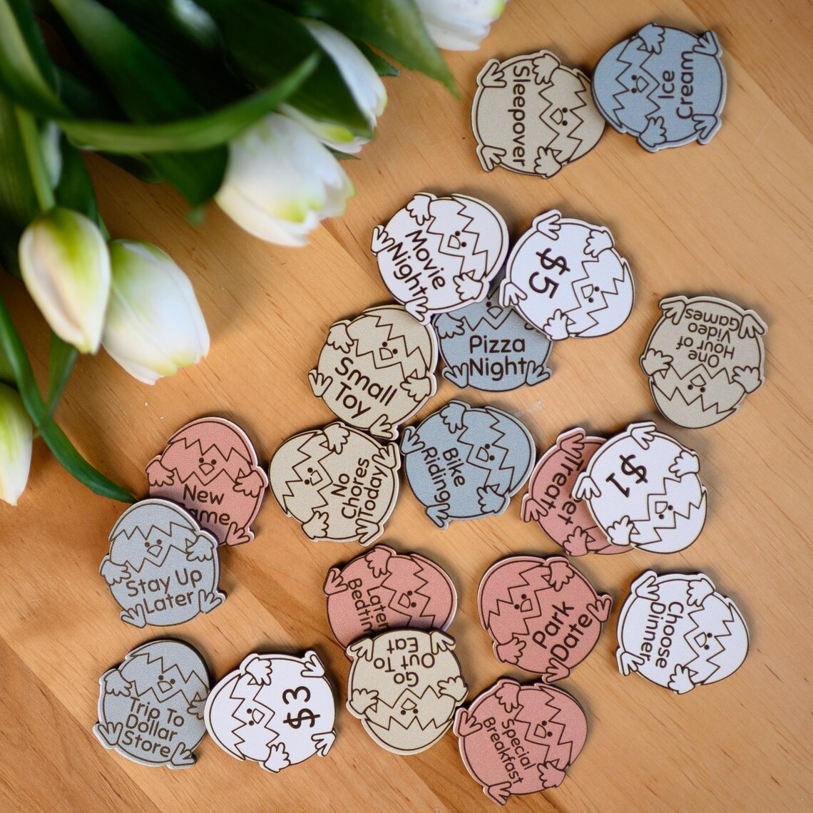 Easter Wooden Fun Kids Tokens, Easter Basket Toddlers Fillers, Set of ...