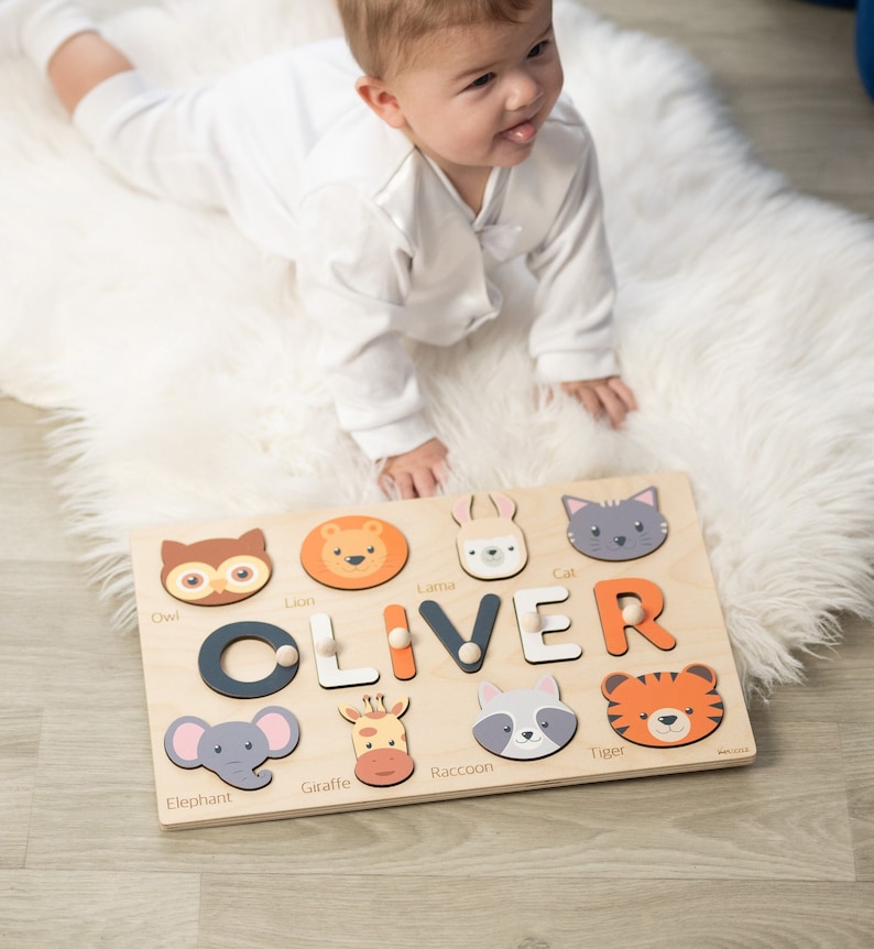 Casse-tête Montessori personnalisé, cadeau pour bébé de 1 an, nom de casse-tête avec animaux, cadeaux de 1er anniversaire, jouets en bois, bébé, enfants, tout-petits image 1