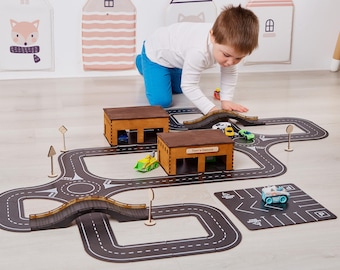Pista de madera para coche personalizada con garaje, pista de carretera Montessori, regalo personalizado para bebé, niño y nieto, juguete de madera, regalos de cumpleaños para niños pequeños