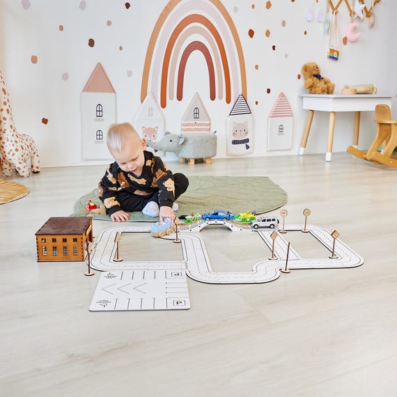 Jouet Voiture Aventure Montessori - Piste Avec 9 Défis, 4 Voitures - Pour Enfants 3-6 Ans - Sans Pile