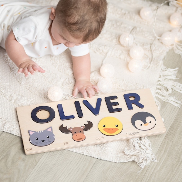 Name Puzzle Baby Wooden Toddlers Puzzles with Animals Gift for 1 Year Old Birthday Present Child Toys for Kids Wood Activity Board Toddler