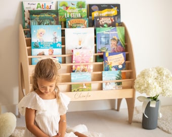 Libreria Montessori per bambini, grande libreria in legno per bambini, porta libri per bambini piccoli, mobili Montessori in legno, libreria con nome personalizzato per neonati