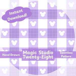 May include: A seamless pattern design featuring a grid of white and light purple squares with white Mickey Mouse head silhouettes. The design includes the text "Instant Download!", "Hand Drawn", "Magic Studio Twenty-Eight", and "Seamless Pattern".