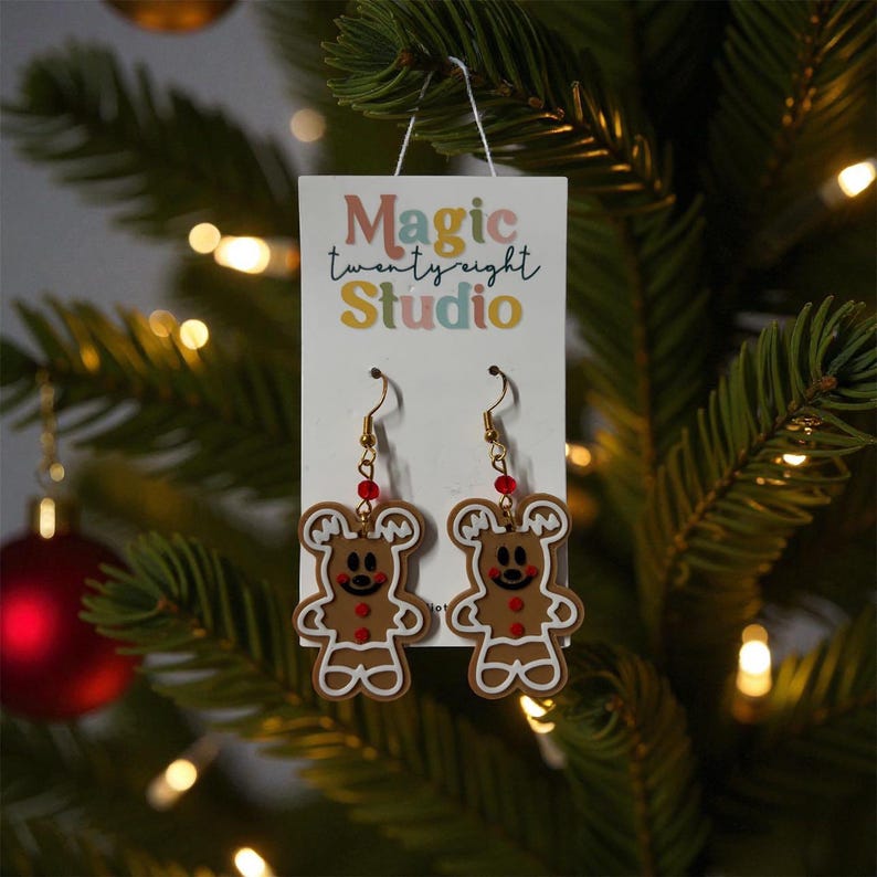 Gingerbread Mickey Mouse Earrings | 3D Printed Christmas Jewelry afbeelding 1