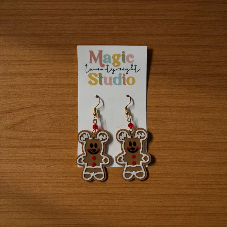 Gingerbread Mickey Mouse Earrings | 3D Printed Christmas Jewelry afbeelding 9