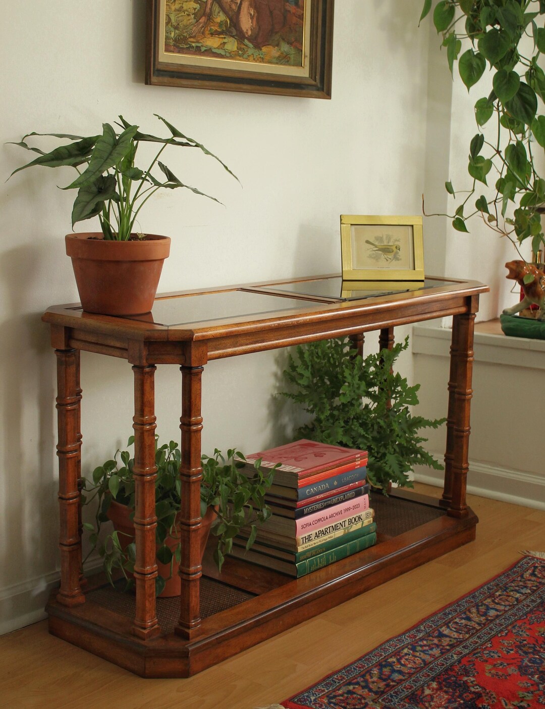 1970s Faux Bamboo Entryway Table With Smoked Glass and Caning Vintage ...
