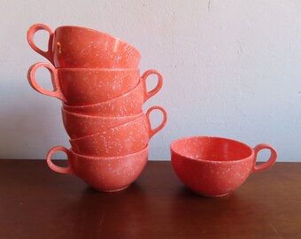 1950s Mid Century Melmac Teacups - Coral - Melamine - Set of 7