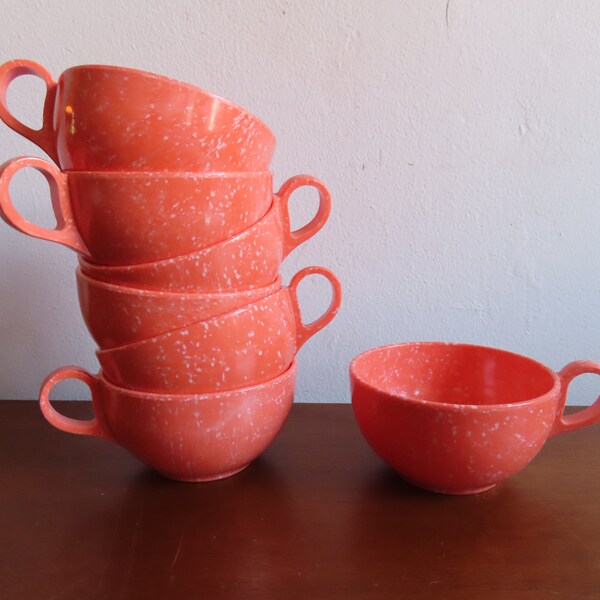 1950s Mid Century Melmac Teacups - Coral - Melamine - Set of 7