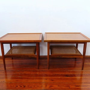 Kipp Stewart for Drexel Declaration - Mid Century Modern Solid Walnut Side Tables - Caning