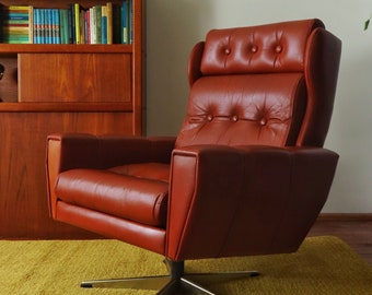 Lystager Industri Danish Modern Leather Swivel Lounge Chair - 1960s - Vintage Mid Century - Space Age