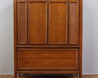 1960s Walnut and Cane Highboy Dresser by Thomasville - Mid Century