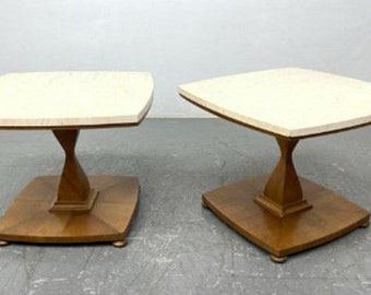 Travertine Marble and Mahogany End Tables - 1960s