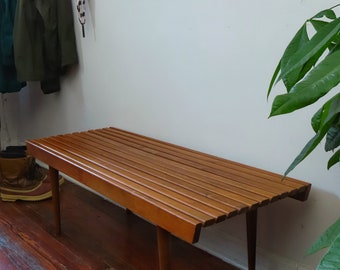 Mid Century Modern Slatted Walnut Bench - Marked Yugoslavia - 1960s