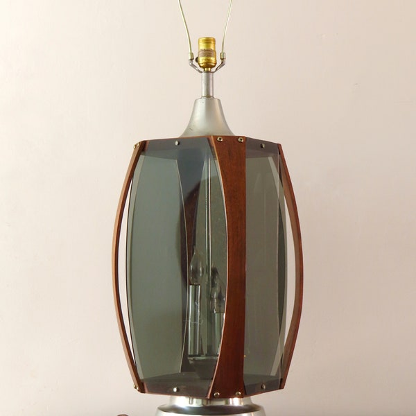 Mid Century Smoked Lucite and Walnut Lamp by Lawrin - 1960s