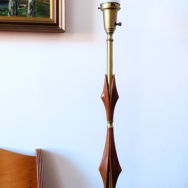 Mid Century Modern Adrian Pearsall Style Torchiere Lamp - 1960s - Brass and Sculpted Teak