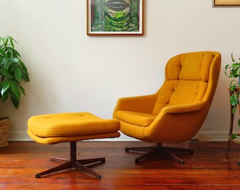 Mustard Yellow Swivel Lounge Chair with Ottoman and Rosewood Laminate Base - 1970s - Vintage Mid Century - Space Age