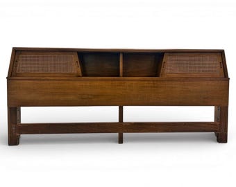 American of Martinsville King Size Walnut and Cane Bookshelf Headboard - Mid Century