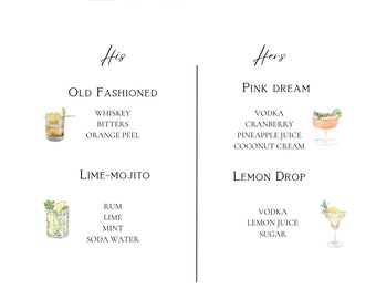 Puede incluir: Un menú de bar de boda imprimible con el título "The Bar" y los textos "His" y "Hers" sobre dos columnas de recetas de bebidas. La columna de la izquierda enumera "Old Fashioned" y "Lime-Mojito" con sus ingredientes. La columna de la derecha enumera "Pink Dream" y "Lemon Drop" con sus ingredientes. La parte inferior del menú dice "With Love Olivia + Alex".