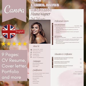 May include: A resume for a nail technician named Fioana Wagner. The resume includes her professional experience, education, and qualifications. The resume is designed in a modern style with a pink and brown color scheme.