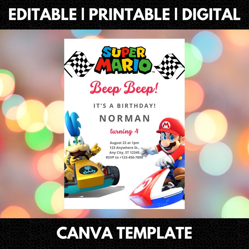 Editable Mario Kart Invite, Printable Super Mario Birthday Invitation ...