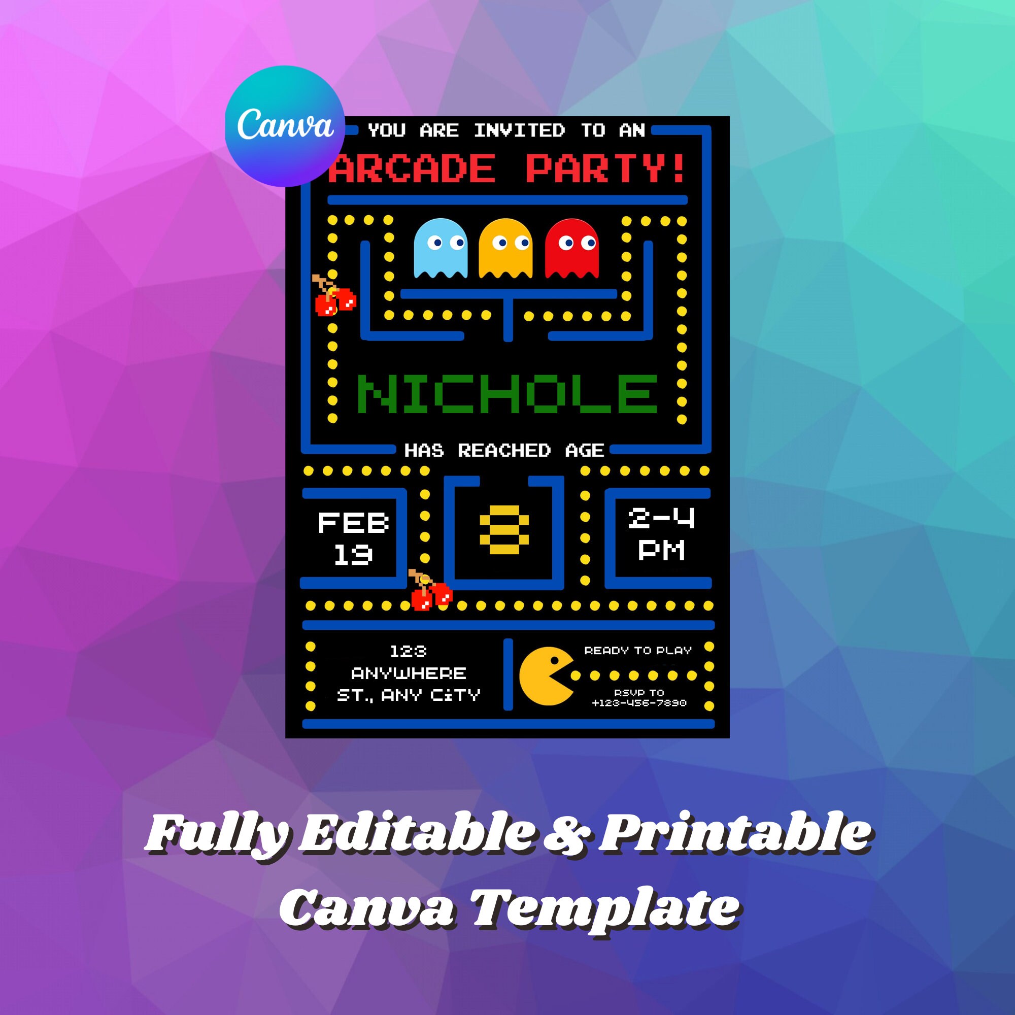 Editable Pac Man Birthday Invitation, Printable Retro Arcade Game ...