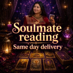 May include: A tarot card reading service advertisement featuring the text Soulmate reading and Same day delivery. The image displays a spread of tarot cards including The Lovers, Ace of Cups, and The Star on a dark purple surface with candles.