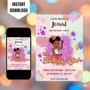 May include: A pink and purple birthday invitation for a girl named Jessi. The invitation features a cartoon girl in a pink dress and a birthday hat, with the text "You're invited to Jessi 3rd Birthday Party" and "The Birthday Girl".