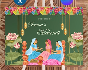 Modèle modifiable de plaque de bienvenue de Mehndi, plaque de bienvenue de mariage imprimable, signe numérique de Mehendi, signe de Mehndi, signe de décoration Mehndi, affiche de Mehndi