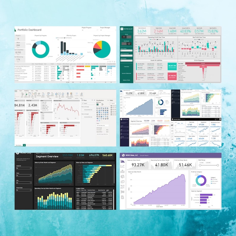 K&ouml;nnte beinhalten: Eine Sammlung von Business-Dashboards mit Diagrammen und Datenvisualisierungen. Die Dashboards zeigen Finanzkennzahlen, Verkaufszahlen und Projektfortschritte. Die Dashboards verwenden eine Farbpalette aus Gr&uuml;n, Gelb und Rot.