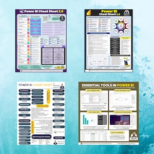 K&ouml;nnte beinhalten: Vier Poster mit dem Titel 'Power BI Cheat Sheet 2.0' in verschiedenen Layouts. Sie zeigen Diagramme, Grafiken und Datenvisualisierungstools. Die Poster sind in Lila, Gelb und Wei&szlig; gehalten, mit Text und Grafiken.