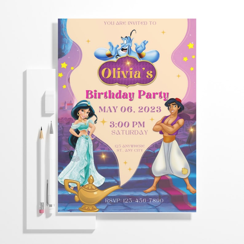 Editable Jasmine & Aladdin Birthday Invitation Template, Printable