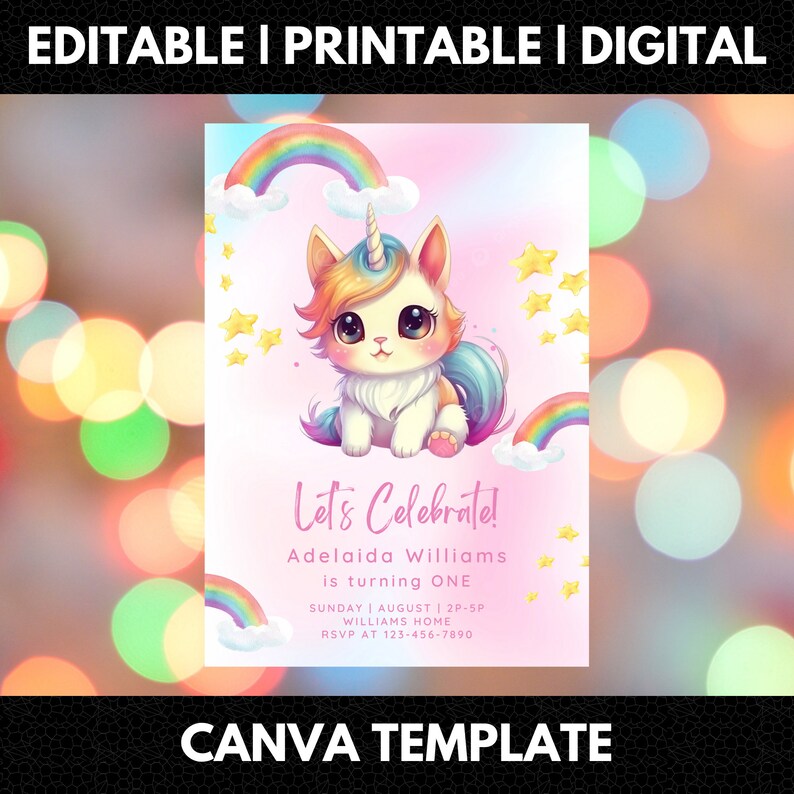 Editable Caticorn Birthday Invitation, Printable Caticorn Birthday ...
