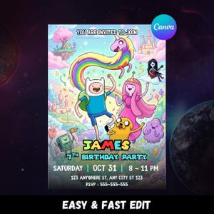 May include: A colorful birthday party invitation featuring cartoon characters and the text "YOU ARE INVITED TO JOIN". The invitation includes the name "JAMES", the date "OCT 31", and the time "8-11 PM". The words "EASY & FAST EDIT" are also visible.