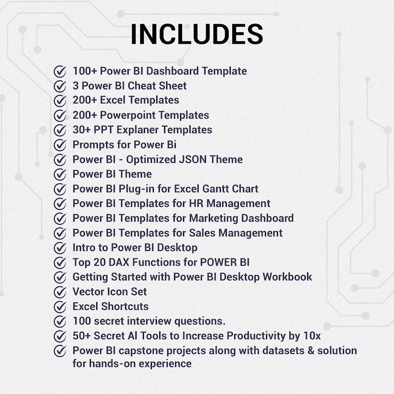 May include: A list of Power BI resources, including templates, cheat sheets, and prompts. The image includes the word "INCLUDES" at the top, followed by a bulleted list of items such as dashboard templates, Excel templates, and interview questions.