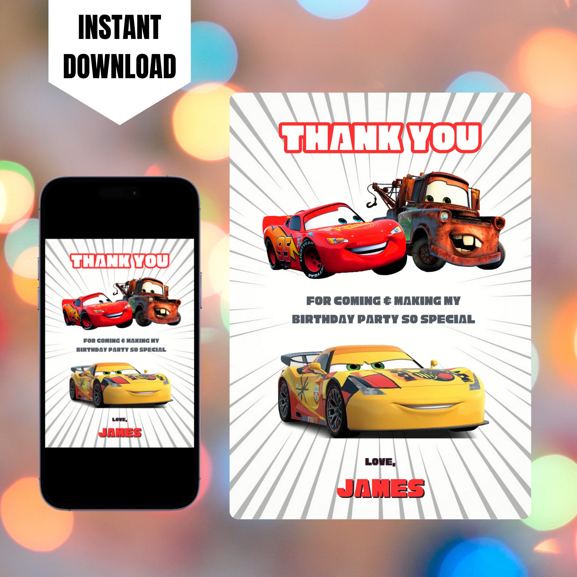Editable Cars Thank You Cards, Printable Cars Birthday Thank You Card ...
