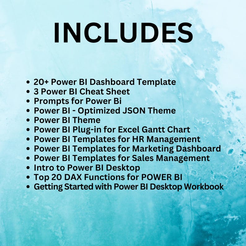 K&ouml;nnte beinhalten: Eine t&uuml;rkisfarbene und wei&szlig;e Grafik listet Power BI-Ressourcen auf. Das Wort "INCLUDES" steht oben in gro&szlig;en, schwarzen Buchstaben. Die Liste umfasst Vorlagen, Cheat Sheets, Prompts, Themes und Funktionen f&uuml;r Power BI.