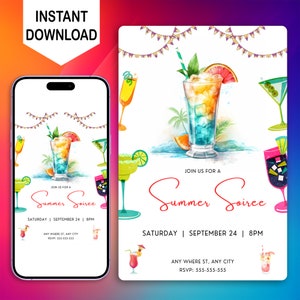 Bearbeitbare Sommer-Soiree-Partyeinladung, Digitale Sommer-Cocktailparty im Freien einladen, druckbare Hallo-Sommerparty-Einladung Canva-Vorlage