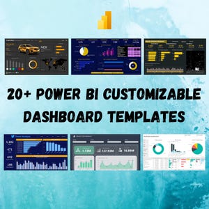 以下が含まれることがあります： この画像は、グラフや図でデータを示す複数の Power BI ダッシュボード テンプレートを特徴としています。これらのダッシュボードは、ビジネス分析とデータ分析のために設計されています。テキストオーバーレイには「20+ Power BI Customizable Dashboard Templates」と書かれています。